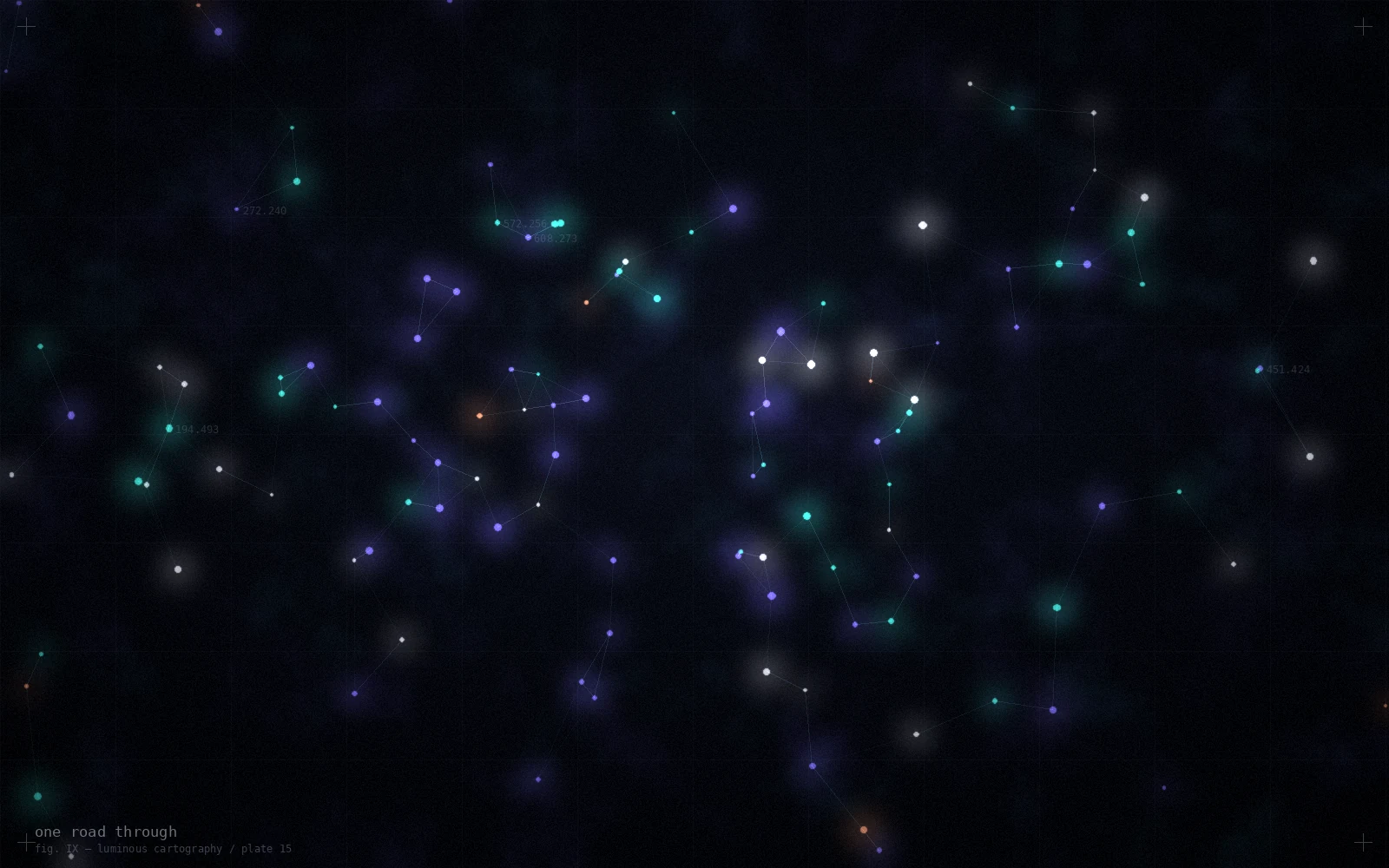 An abstract luminous map showing a single route threading through a field of stars