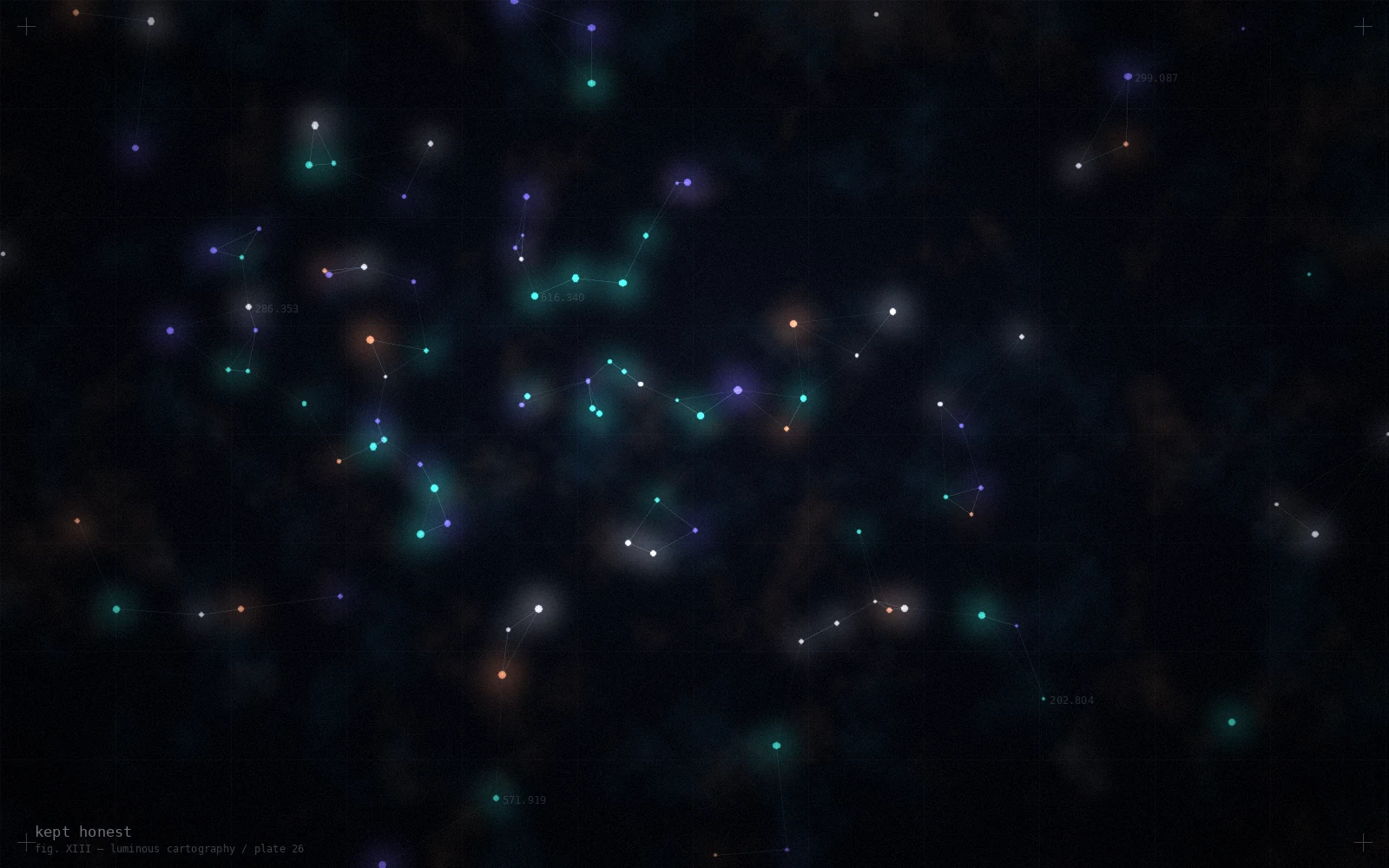 An abstract constellation field in warm amber and teal, evoking a lantern room keeping steady light