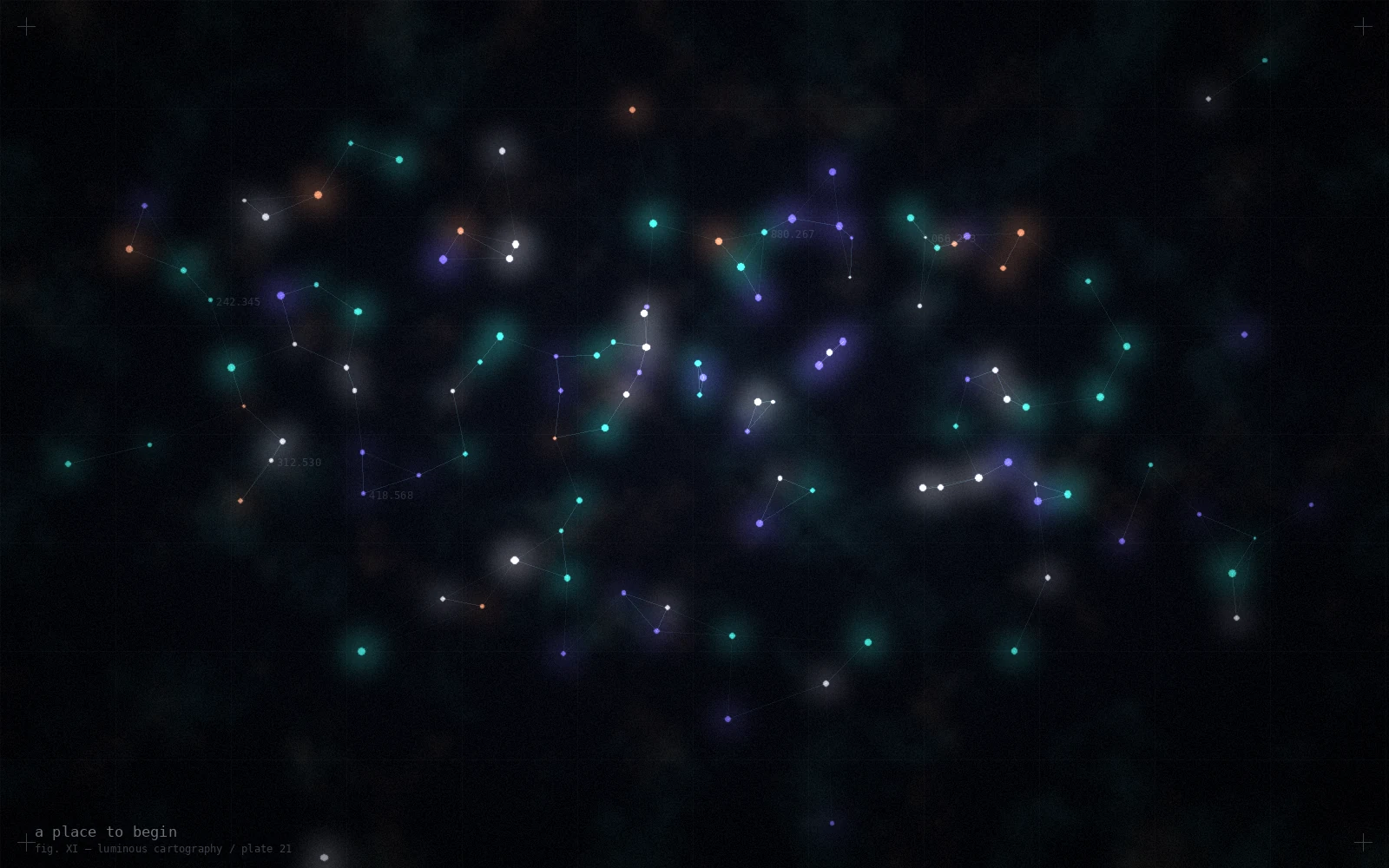 An abstract constellation field warming toward dawn, evoking a waypoint at first light